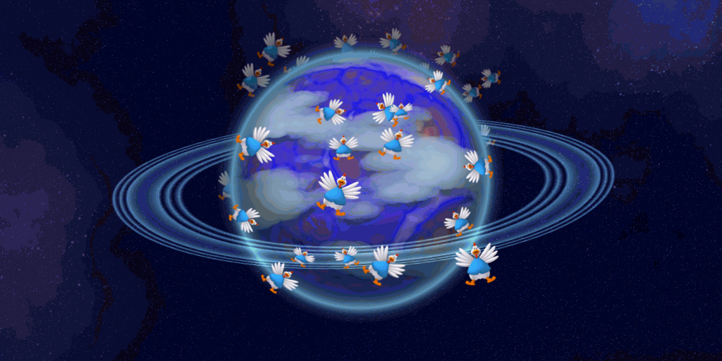 chickens arond a planet